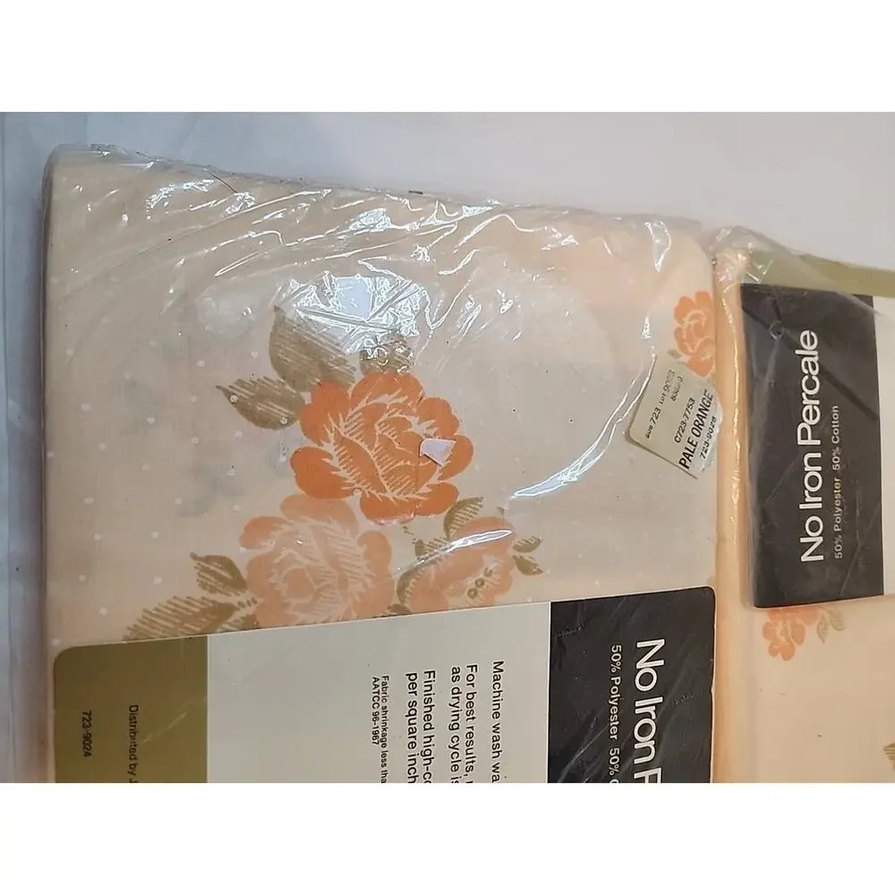 Vtg JCPenney No Iron Percale Fitted And Flat Sheets Floral Pale Orange Salmon